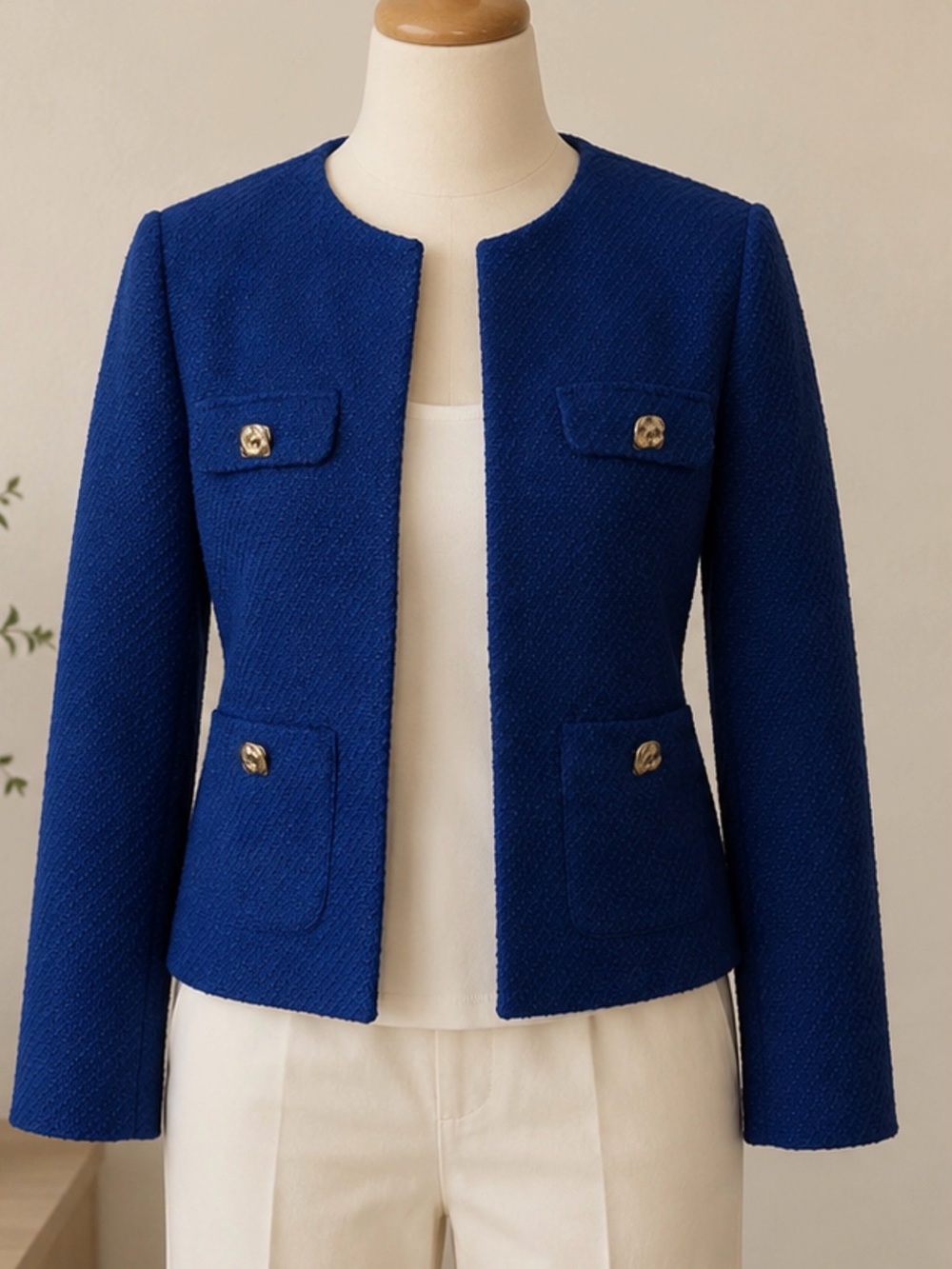 Anne Klein Cobalt Blue Collarless Tweed Jacket